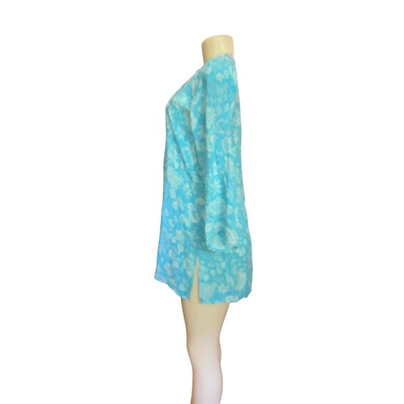 Amaya Blue w White Roses Silk Crepe Tunic Blouse Size Small - Picture 3 of 7